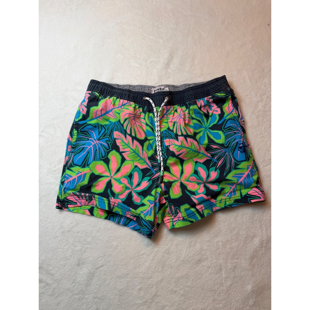 Party Pants Mens Tropical Neon Leaf Print Swim Trunks Shorts Black Large